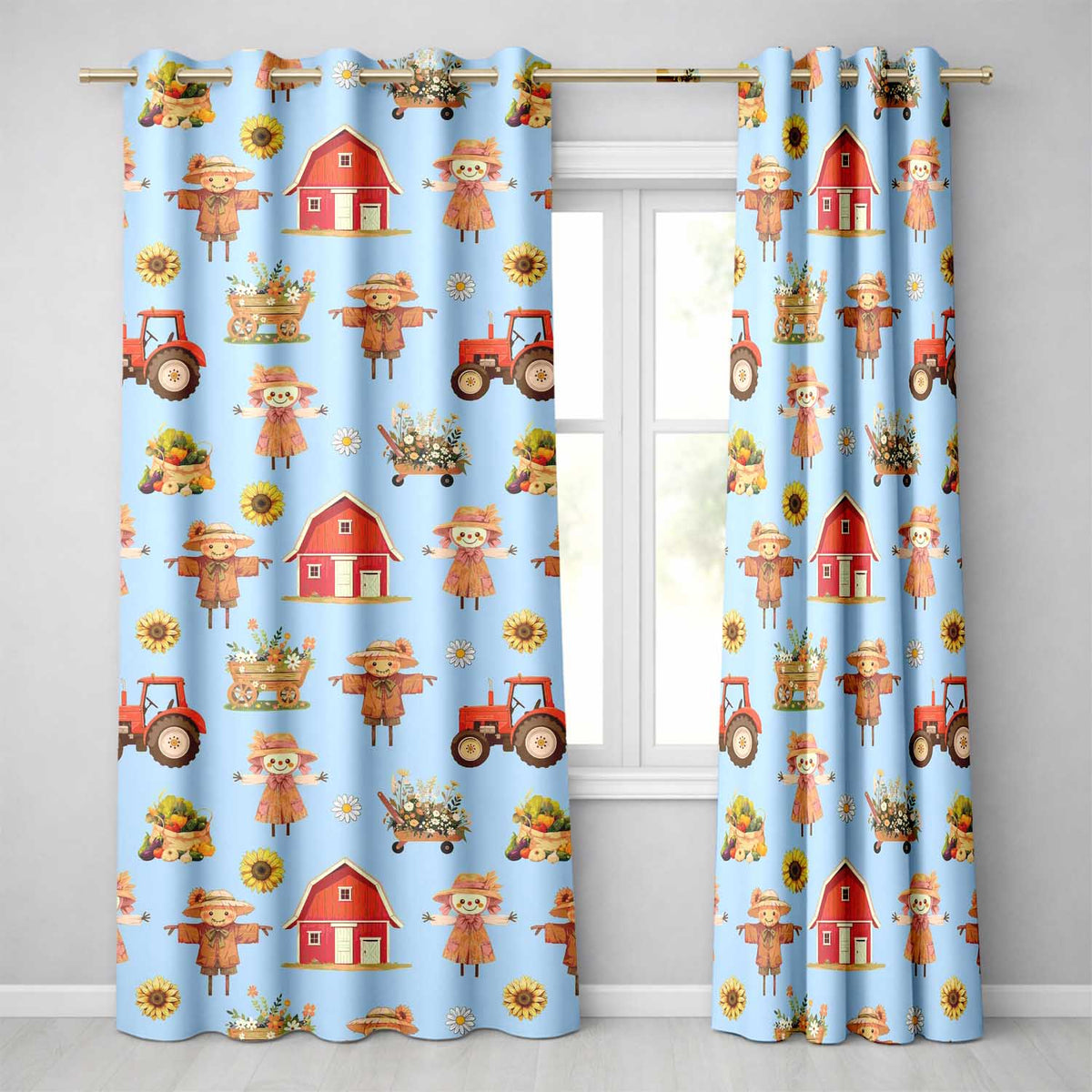 Cute Autumn Farm Barn Scarecrow Sunflower Floral Blue Seamless Pattern  Readymade Eyelet Ring Top Thermal 100% Blackout Curtains
