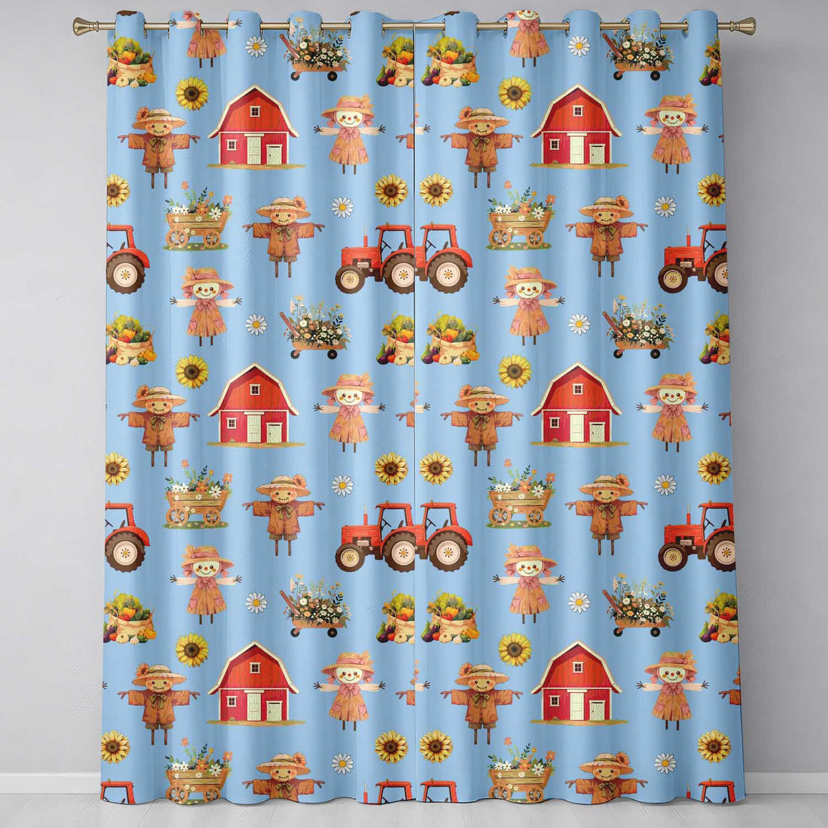 Cute Autumn Farm Barn Scarecrow Sunflower Floral Sky Seamless Pattern  Readymade Eyelet Ring Top Thermal 100% Blackout Curtains