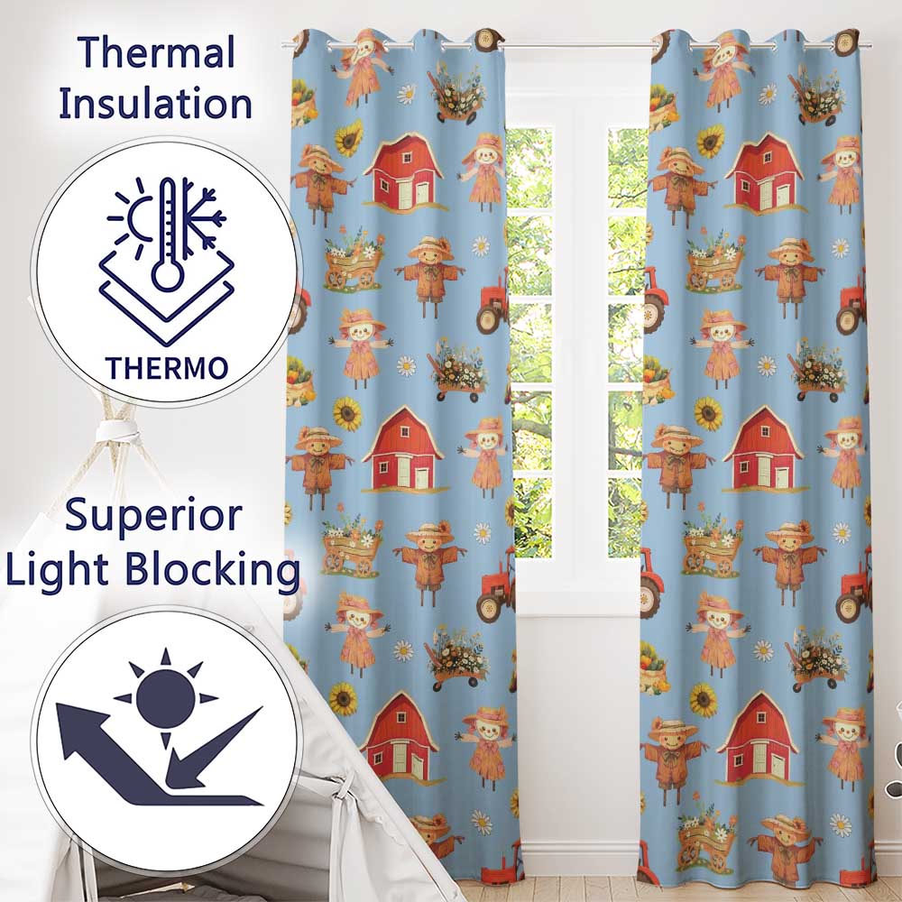 Cute Autumn Farm Barn Scarecrow Sunflower Floral Sky Seamless Pattern  Readymade Eyelet Ring Top Thermal 100% Blackout Curtains