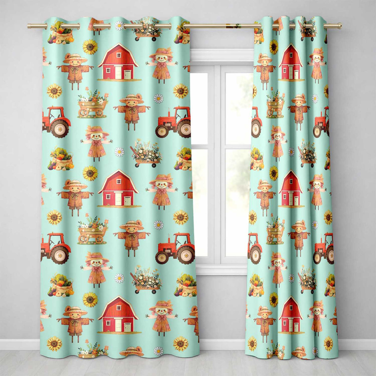 Cute Autumn Farm Barn Scarecrow Sunflower Floral Teal Seamless Pattern  Readymade Eyelet Ring Top Thermal 100% Blackout Curtains