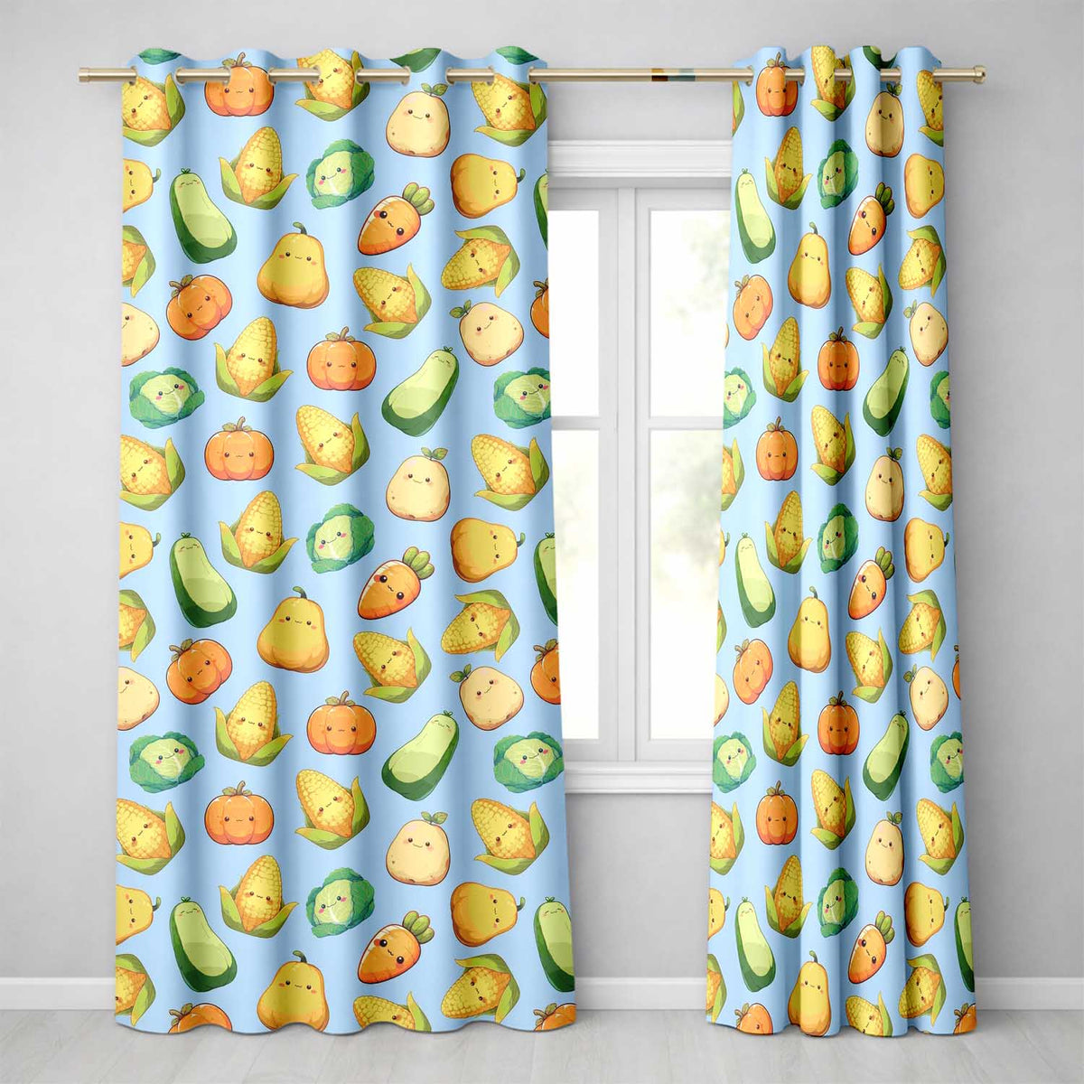 Cute Kawaii Autumn Vegetables Corn Pumpkin Carrot Blue Seamless Pattern  Readymade Eyelet Ring Top Thermal 100% Blackout Curtains