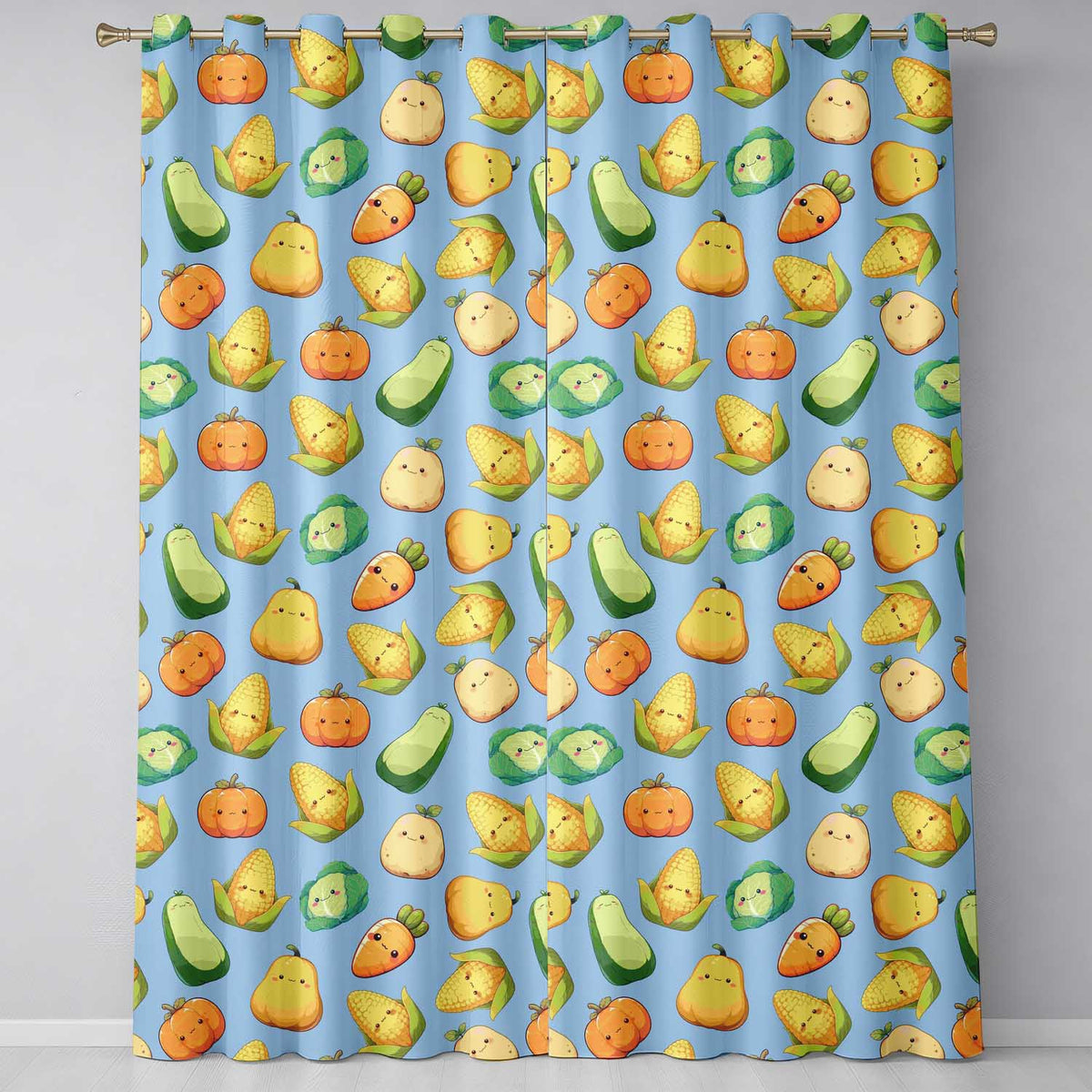 Cute Kawaii Autumn Vegetables Corn Pumpkin Carrot Sky Seamless Pattern  Readymade Eyelet Ring Top Thermal 100% Blackout Curtains