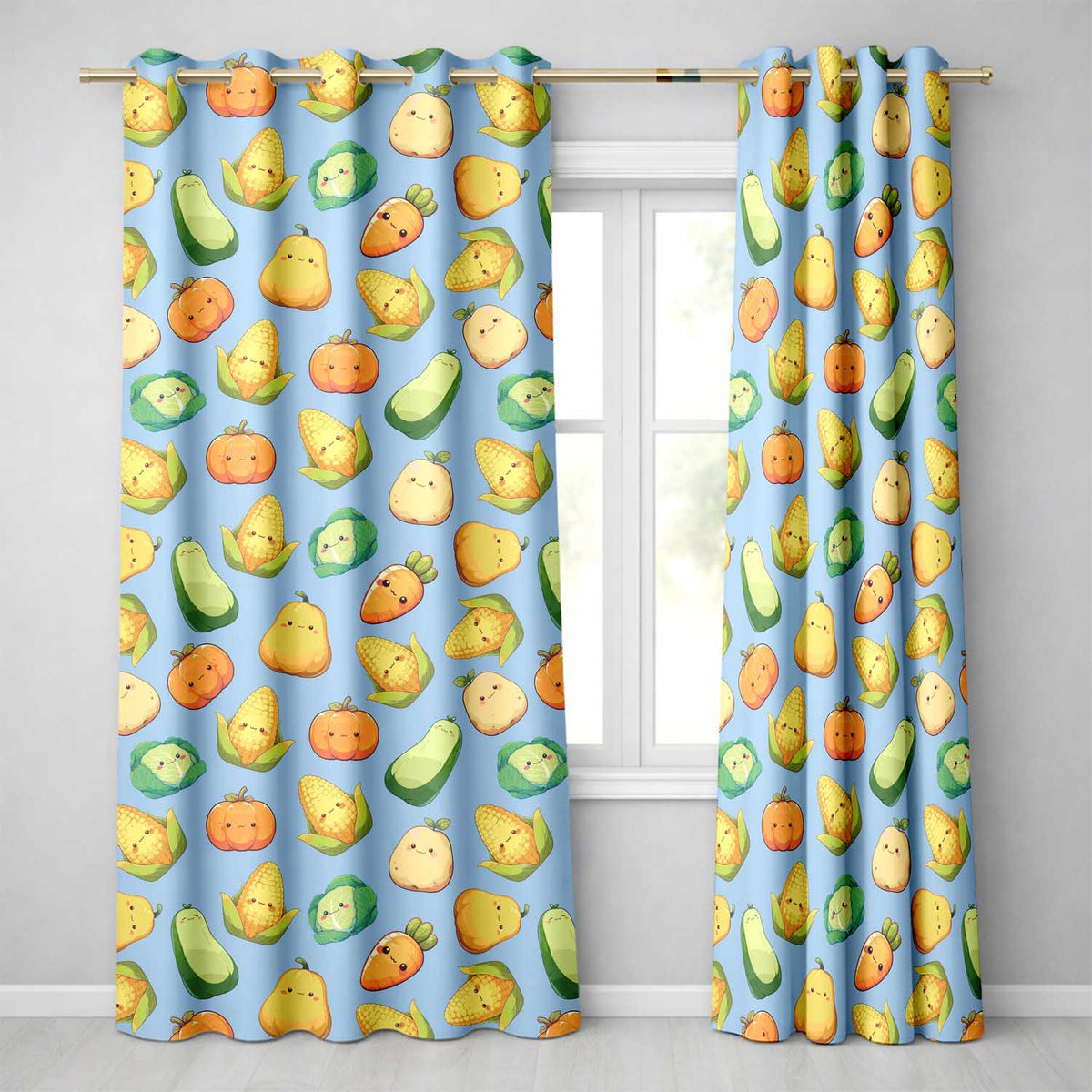 Cute Kawaii Autumn Vegetables Corn Pumpkin Carrot Sky Seamless Pattern  Readymade Eyelet Ring Top Thermal 100% Blackout Curtains