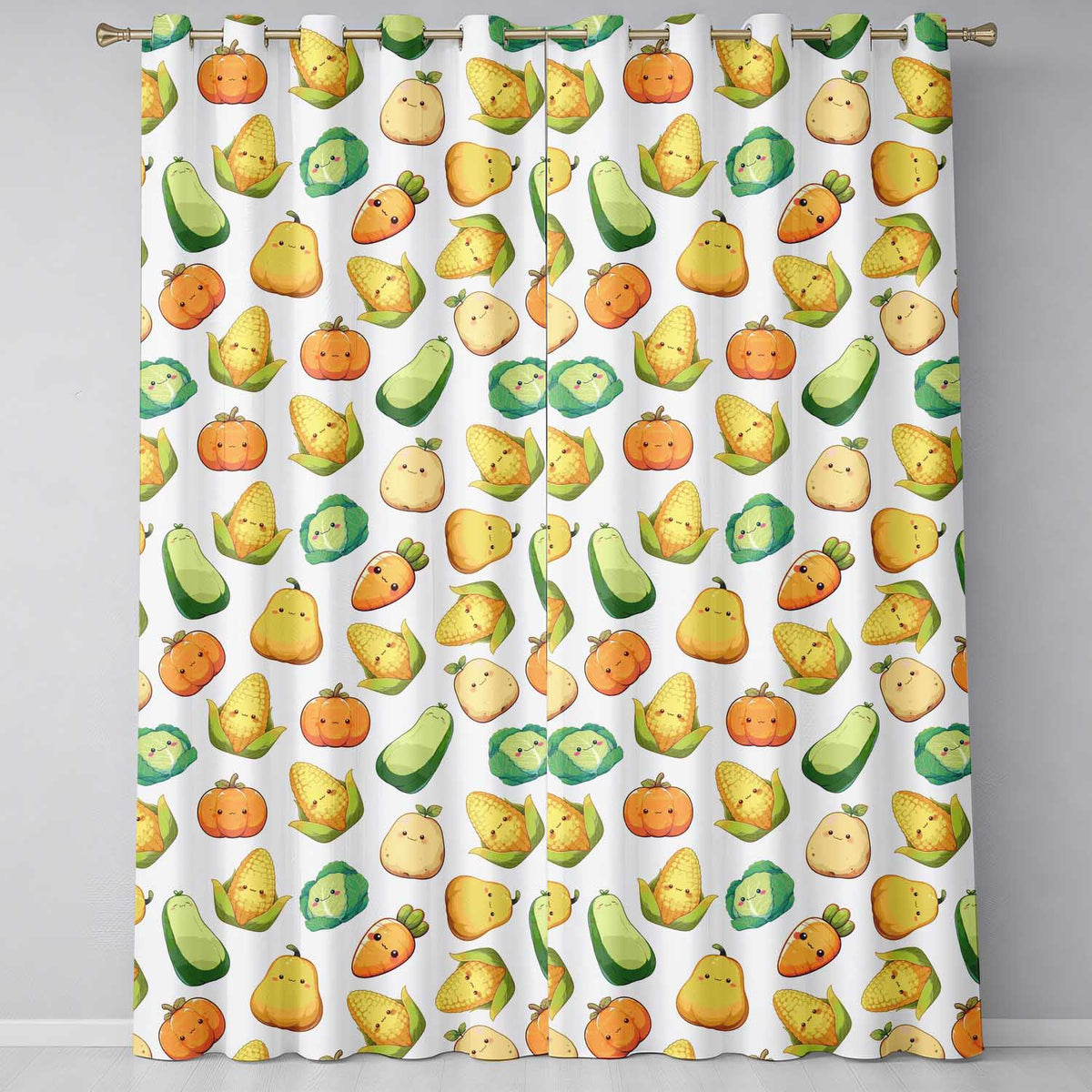 Cute Kawaii Autumn Vegetables Corn Pumpkin Carrot Beige Seamless Pattern  Readymade Eyelet Ring Top Thermal 100% Blackout Curtains