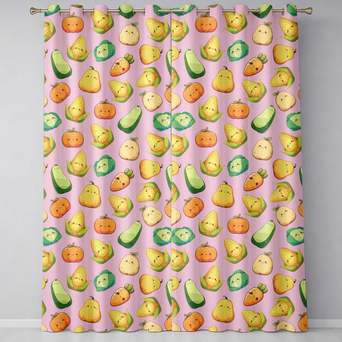 Cute Kawaii Autumn Vegetables Corn Pumpkin Carrot Pink Seamless Pattern  Readymade Eyelet Ring Top Thermal 100% Blackout Curtains