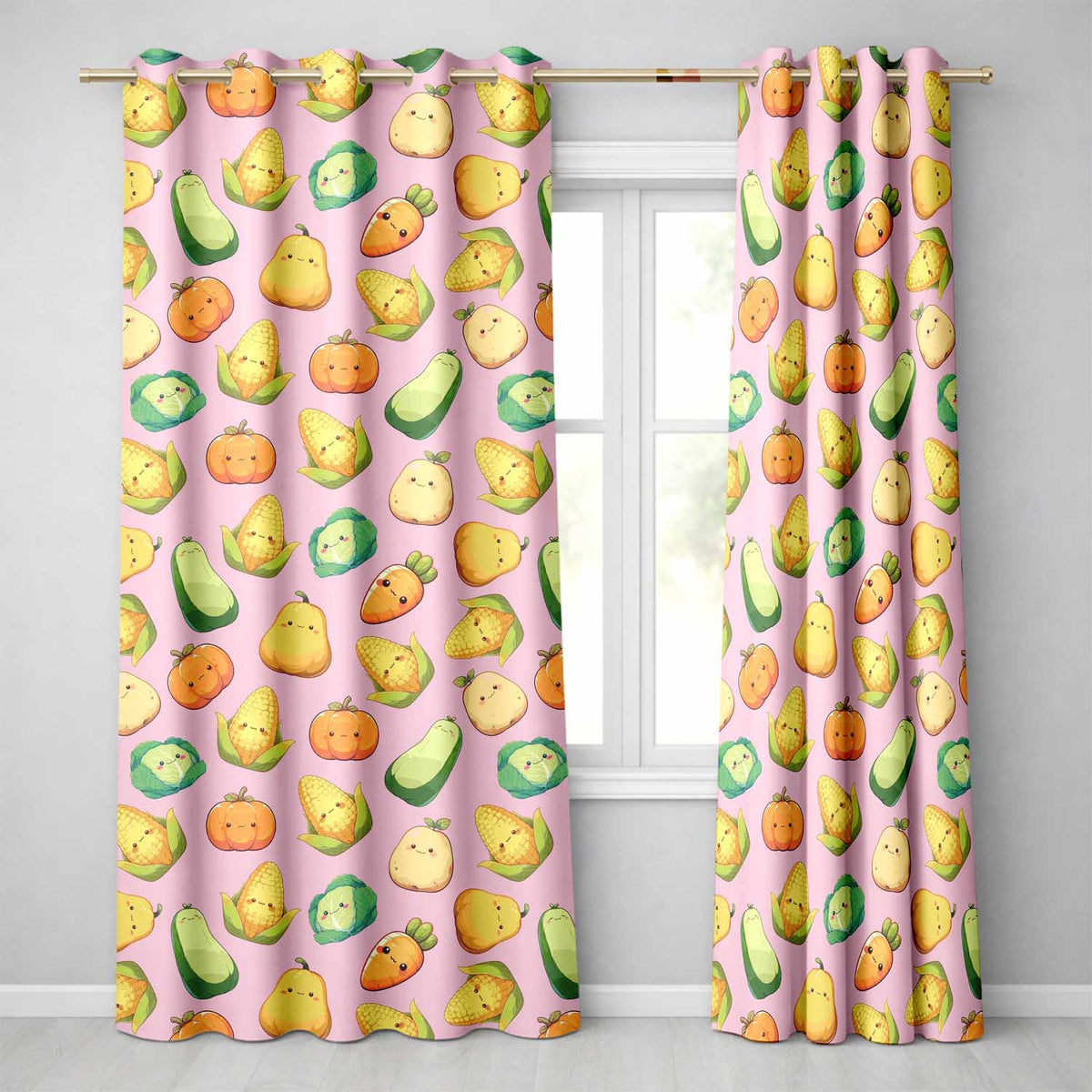 Cute Kawaii Autumn Vegetables Corn Pumpkin Carrot Pink Seamless Pattern  Readymade Eyelet Ring Top Thermal 100% Blackout Curtains