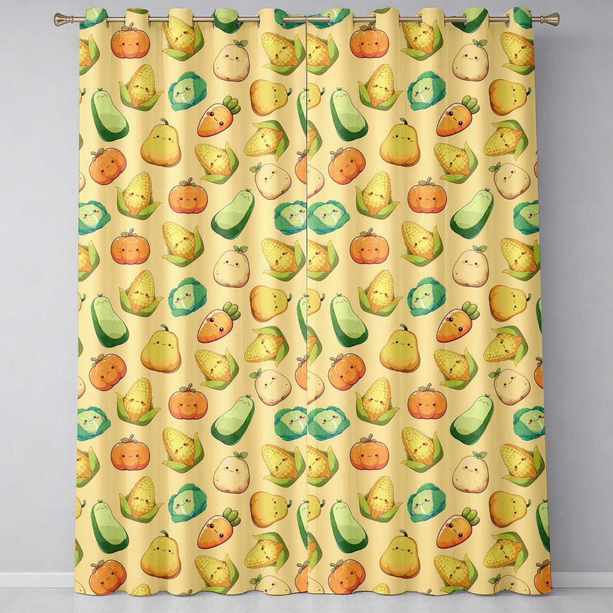 Cute Kawaii Autumn Vegetables Corn Pumpkin Carrot Yellow Seamless Pattern  Readymade Eyelet Ring Top Thermal 100% Blackout Curtains