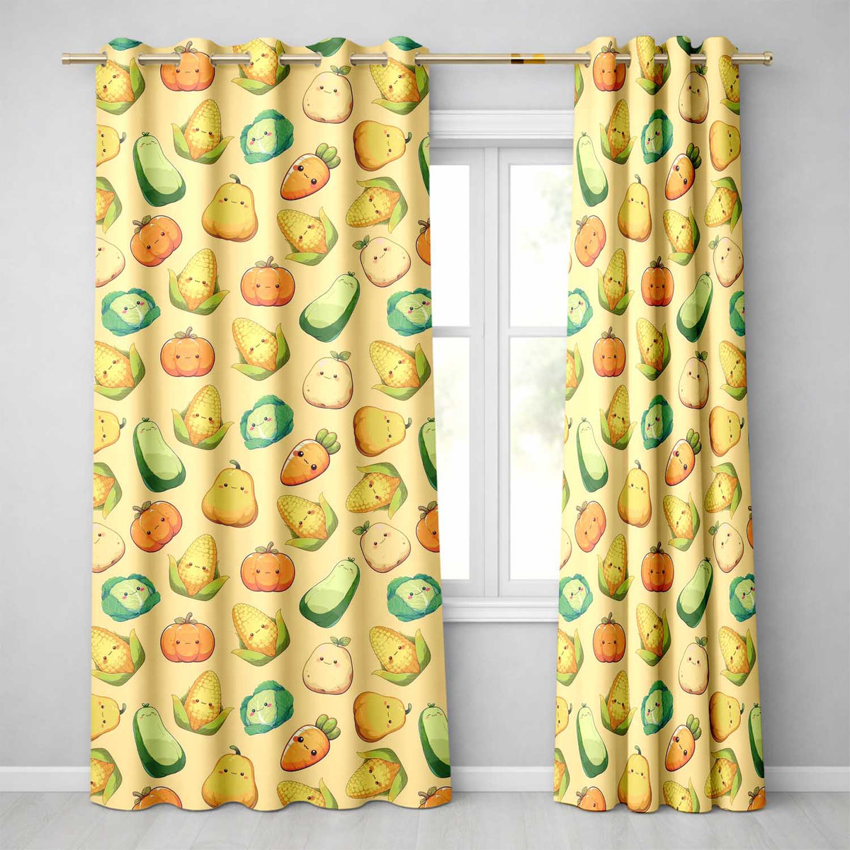 Cute Kawaii Autumn Vegetables Corn Pumpkin Carrot Yellow Seamless Pattern  Readymade Eyelet Ring Top Thermal 100% Blackout Curtains