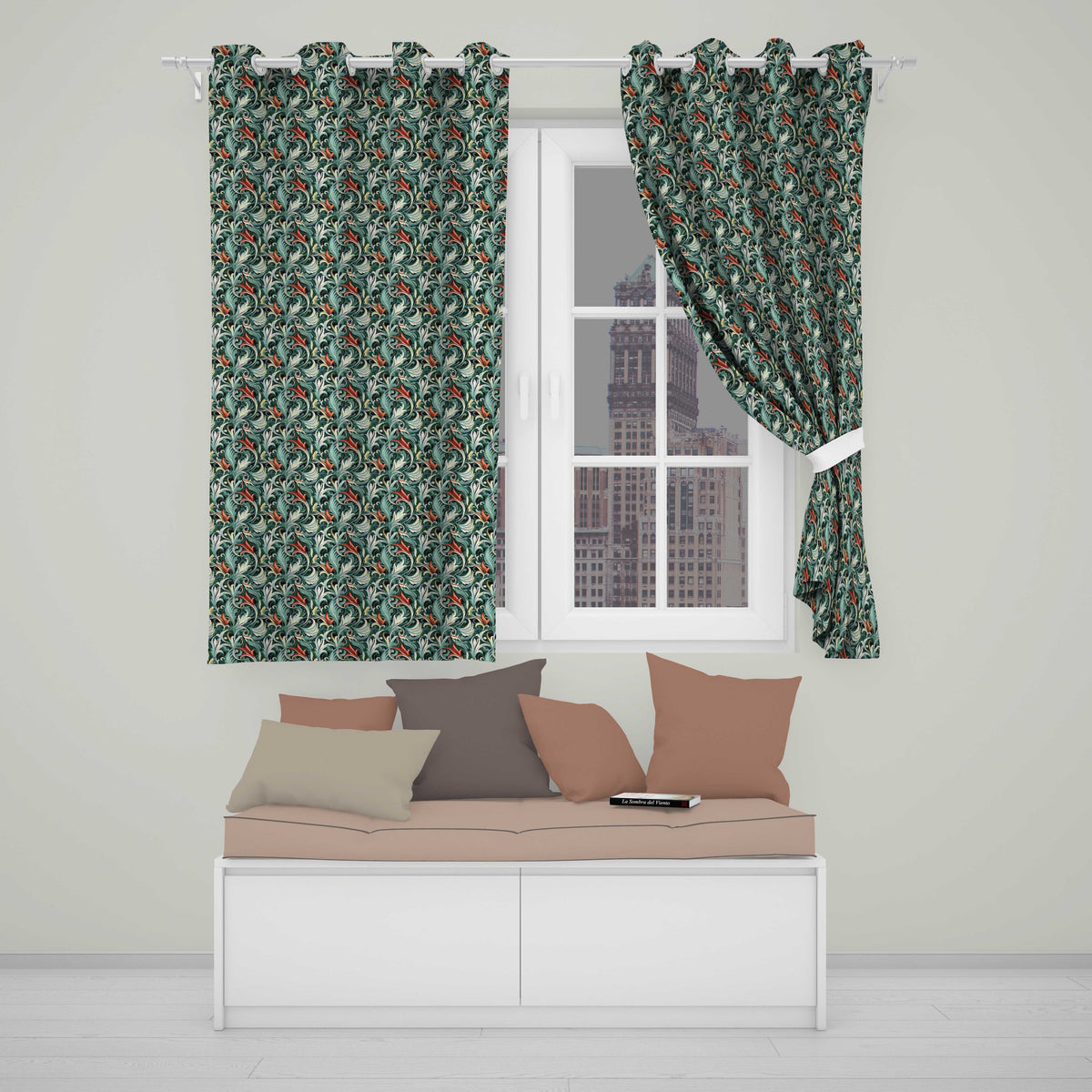 Elegant Vintage Floral Blue Cream Ornate Seamless Pattern  Readymade Eyelet Ring Top Thermal 100% Blackout Curtains