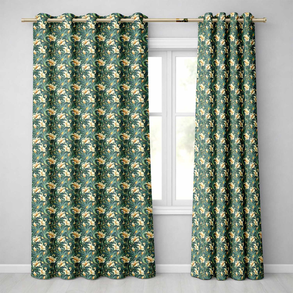 Elegant Vintage Floral Gold Teal Luxury Seamless Pattern  Readymade Eyelet Ring Top Thermal 100% Blackout Curtains