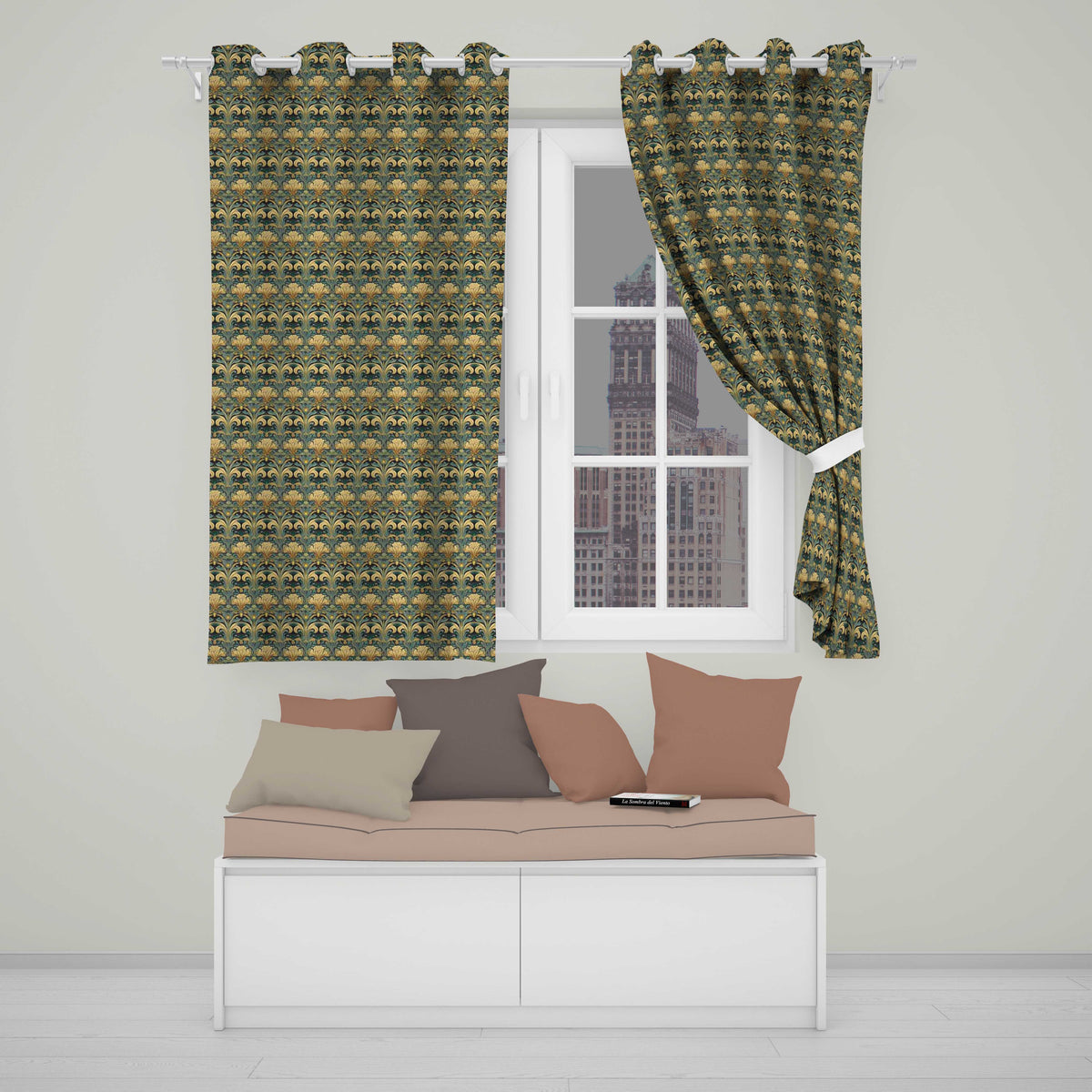 Elegant Vintage Floral Classic Green Gold Seamless Pattern  Readymade Eyelet Ring Top Thermal 100% Blackout Curtains