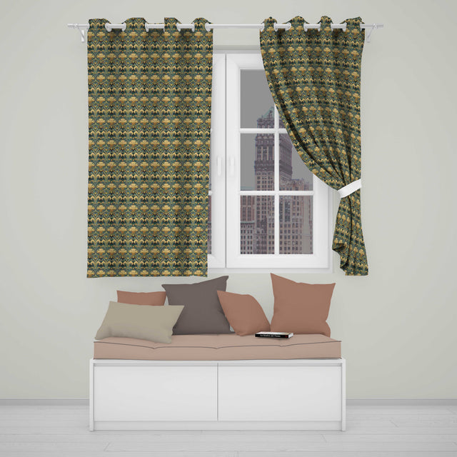 Elegant Vintage Floral Classic Green Gold Seamless Pattern  Readymade Eyelet Ring Top Thermal 100% Blackout Curtains