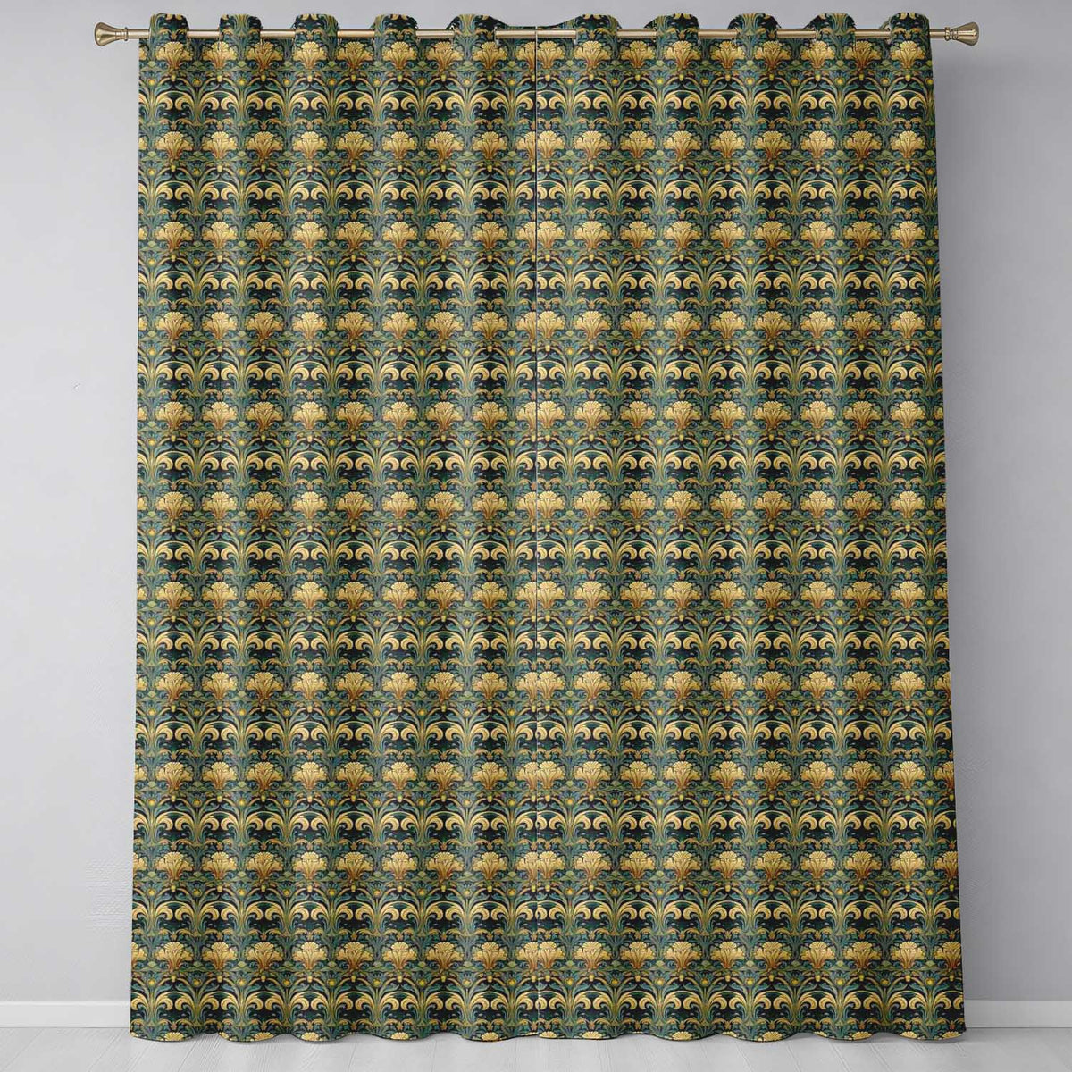 Elegant Vintage Floral Classic Green Gold Seamless Pattern  Readymade Eyelet Ring Top Thermal 100% Blackout Curtains
