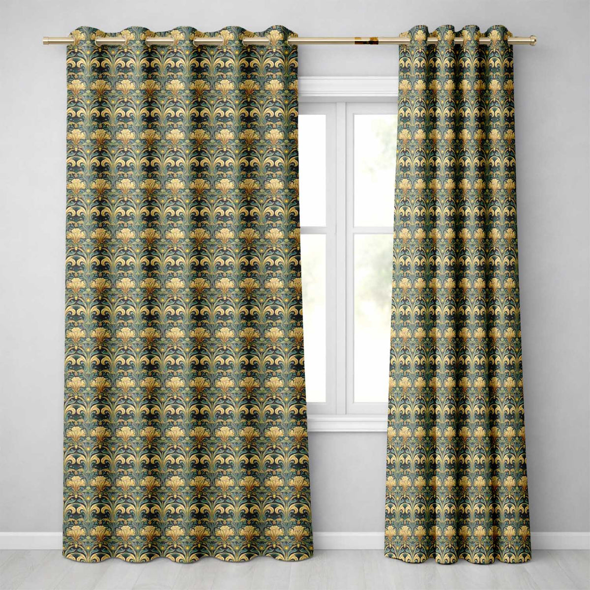 Elegant Vintage Floral Classic Green Gold Seamless Pattern  Readymade Eyelet Ring Top Thermal 100% Blackout Curtains