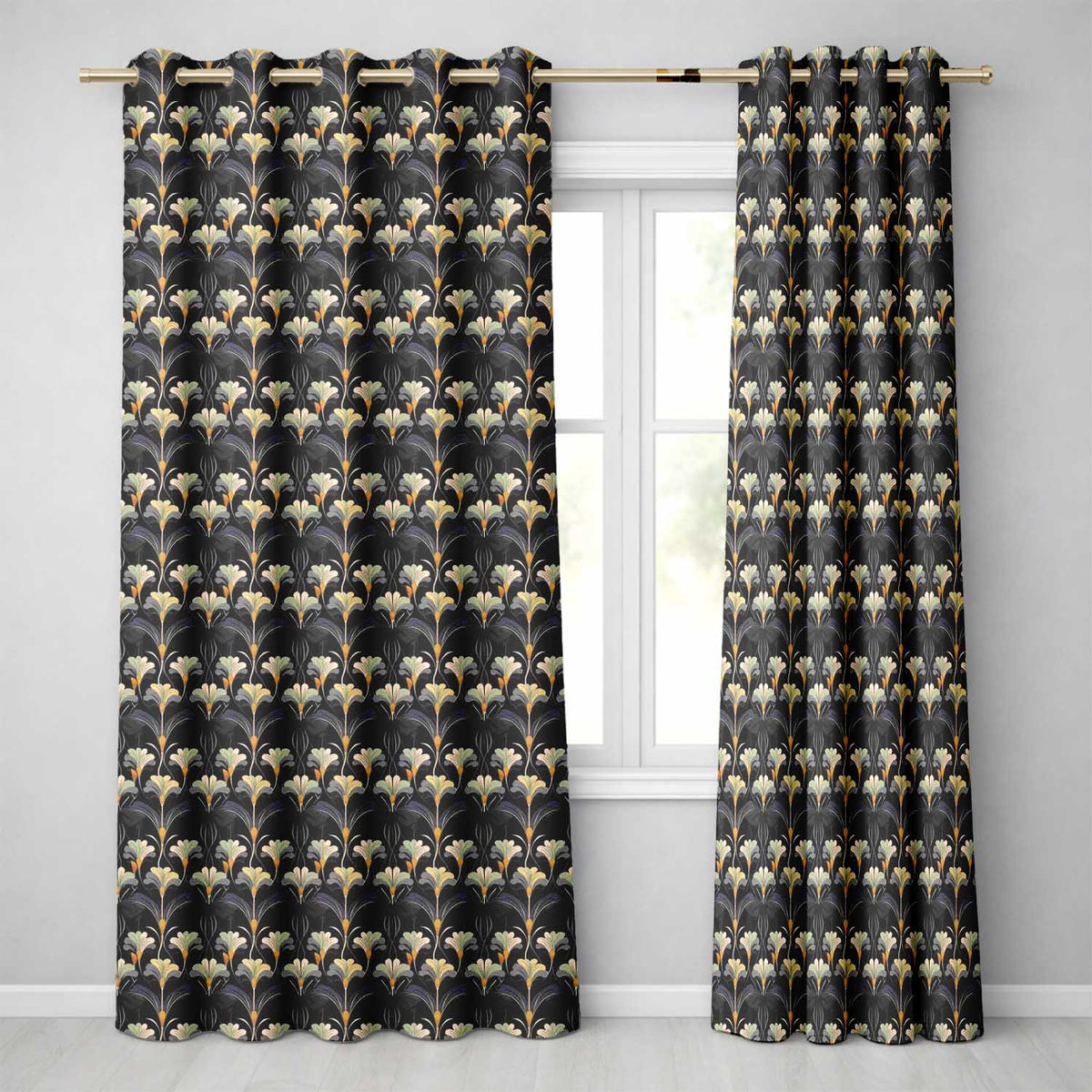 Art Deco Fan Floral Blue Gold Seamless Pattern  Readymade Eyelet Ring Top Thermal 100% Blackout Curtains