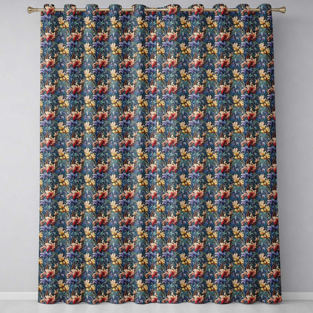 Vintage Blue Red Floral Swirl Art Nouveau Seamless Pattern  Readymade Eyelet Ring Top Thermal 100% Blackout Curtains