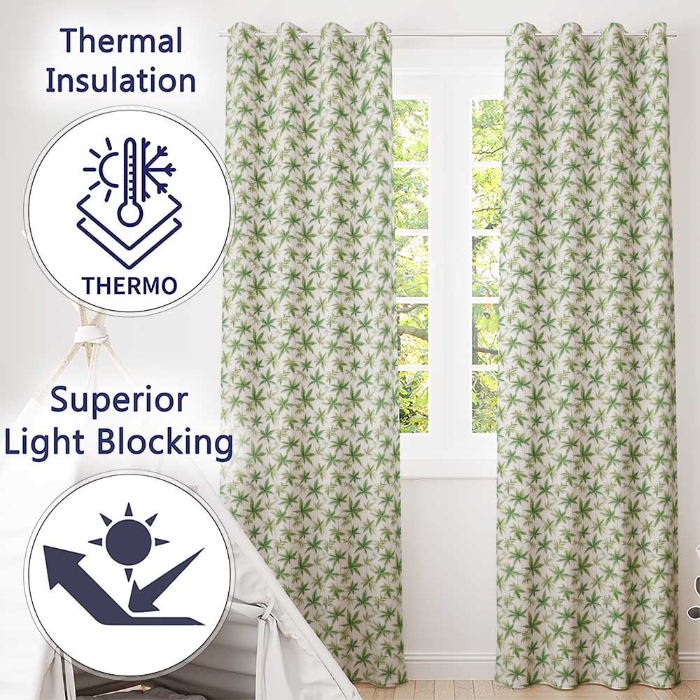 Soft Green Cannabis Leaf Watercolor on White Seamless Pattern  Readymade Eyelet Ring Top Thermal 100% Blackout Curtains