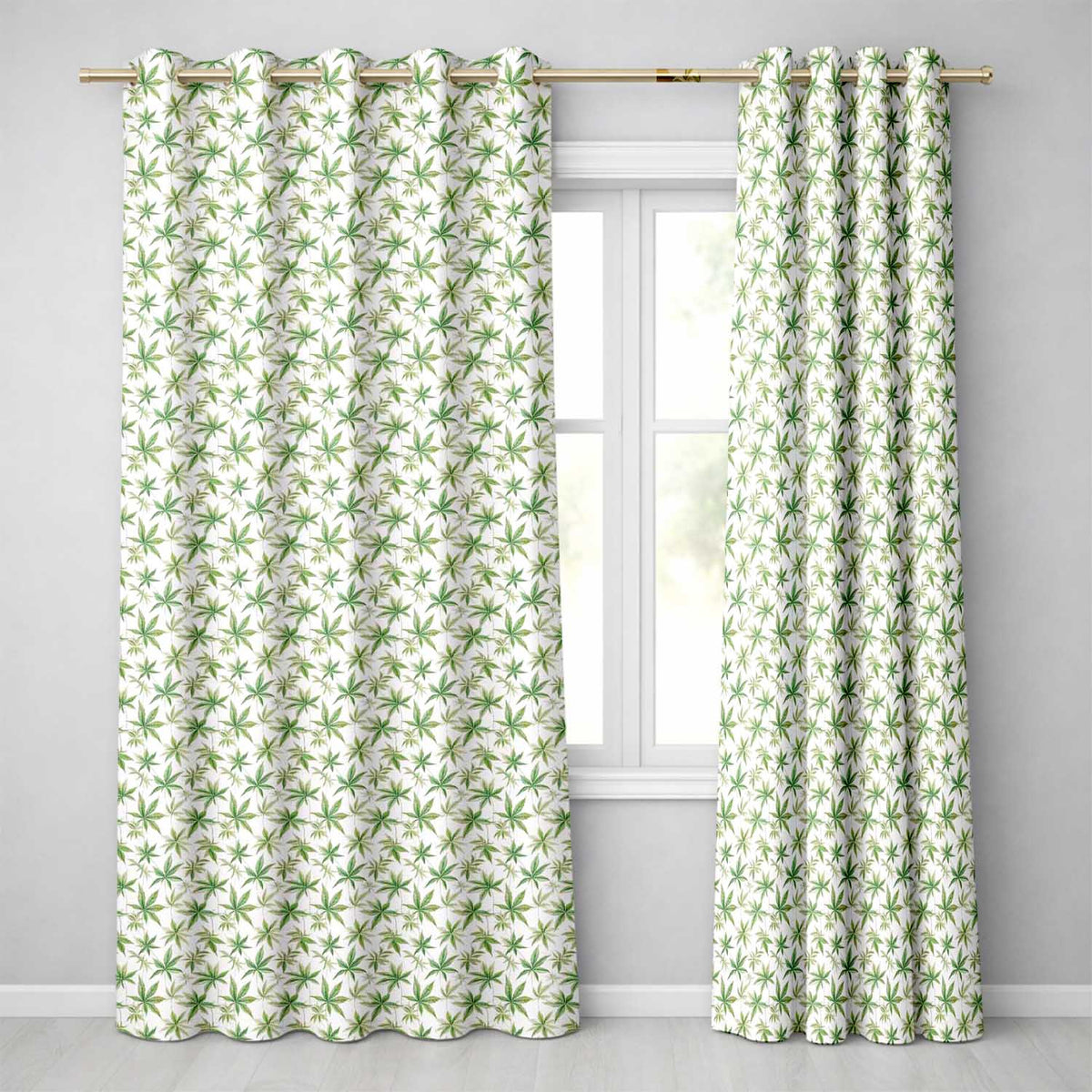 Soft Green Cannabis Leaf Watercolor on White Seamless Pattern  Readymade Eyelet Ring Top Thermal 100% Blackout Curtains