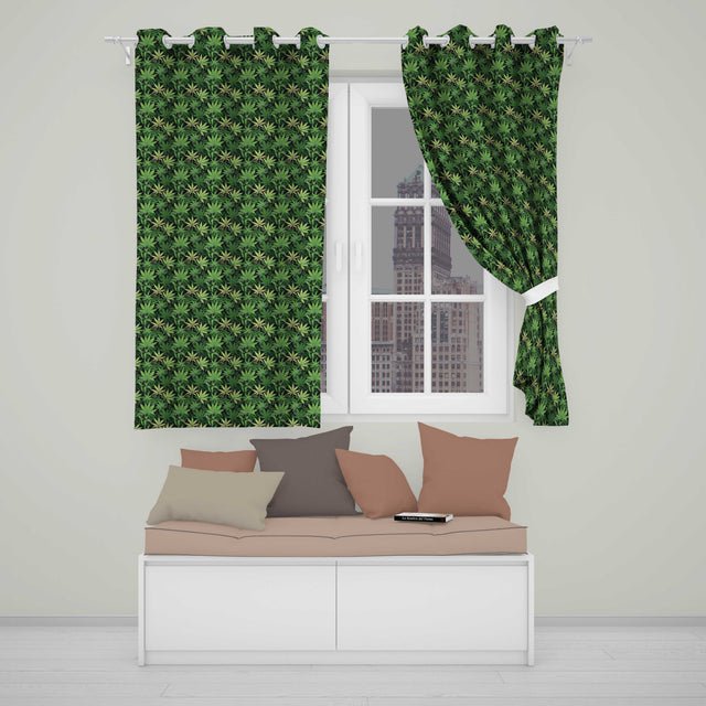 Deep Green Cannabis Jungle Foliage Seamless Pattern  Readymade Eyelet Ring Top Thermal 100% Blackout Curtains
