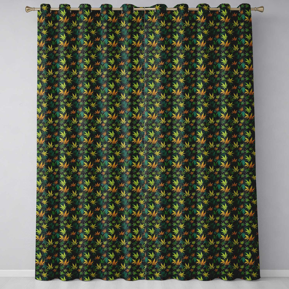 Autumn Yellow Green and Orange Cannabis Leaves Seamless Pattern  Readymade Eyelet Ring Top Thermal 100% Blackout Curtains
