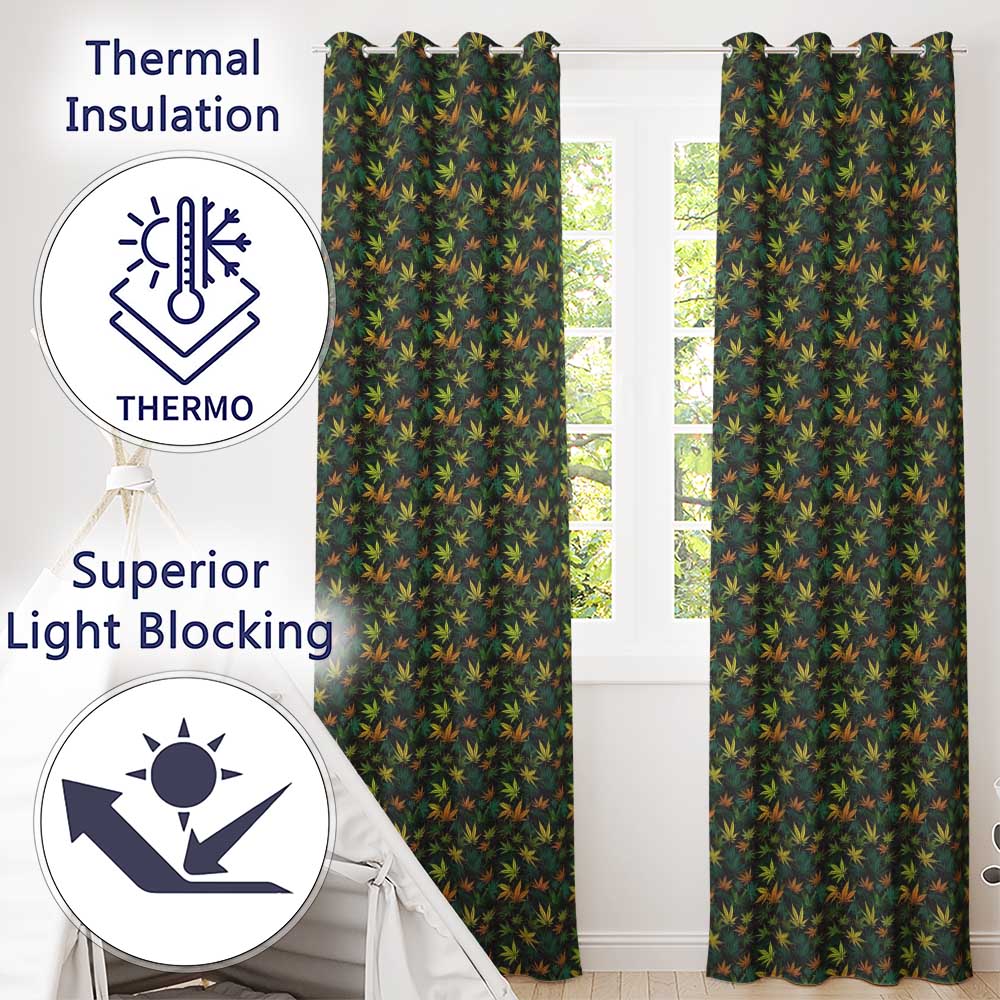 Autumn Yellow Green and Orange Cannabis Leaves Seamless Pattern  Readymade Eyelet Ring Top Thermal 100% Blackout Curtains