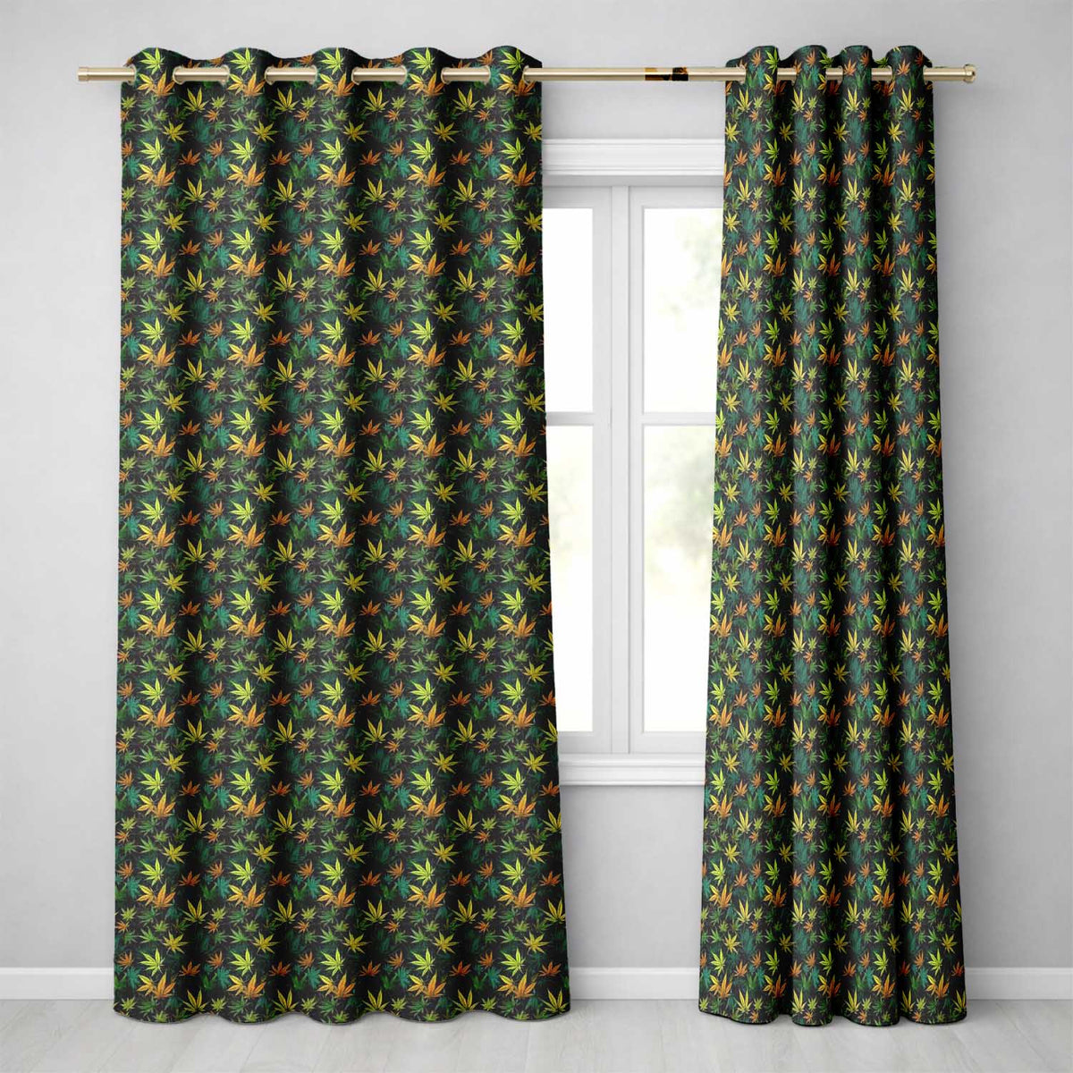 Autumn Yellow Green and Orange Cannabis Leaves Seamless Pattern  Readymade Eyelet Ring Top Thermal 100% Blackout Curtains