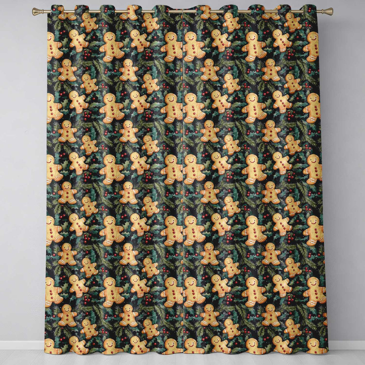 Festive Gingerbread Cookies with Holly Leaves Seamless Pattern  Readymade Eyelet Ring Top Thermal 100% Blackout Curtains