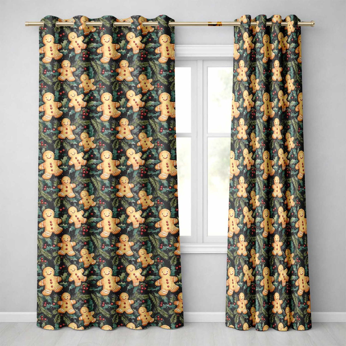 Festive Gingerbread Cookies with Holly Leaves Seamless Pattern  Readymade Eyelet Ring Top Thermal 100% Blackout Curtains