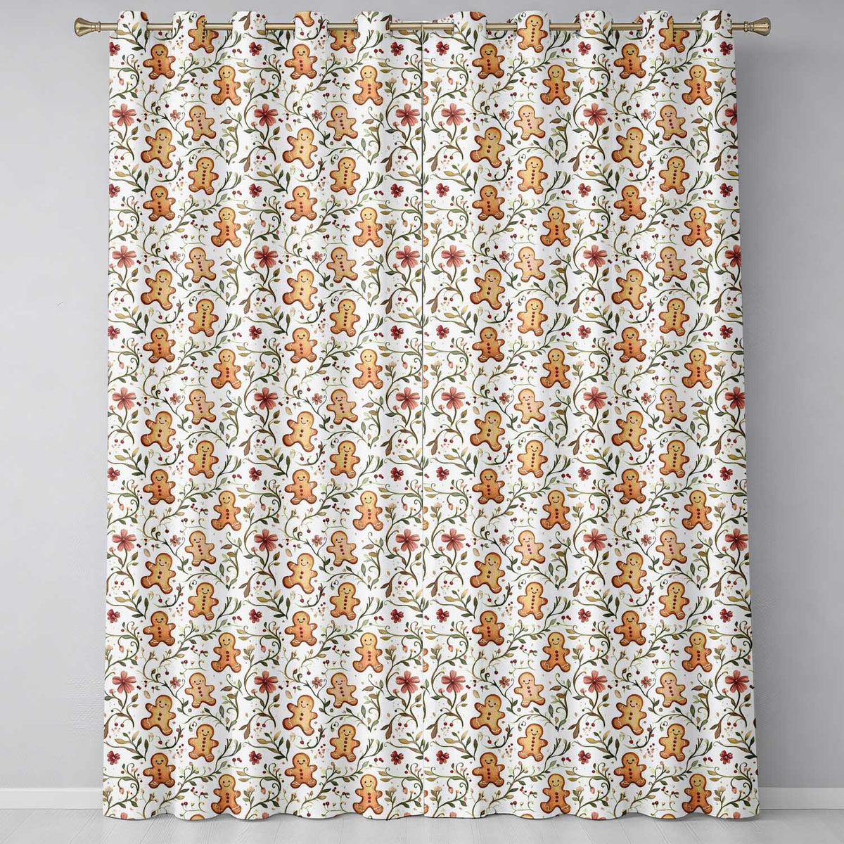 Cute Gingerbread Cookies with Floral Vines and Berries Seamless Pattern  Readymade Eyelet Ring Top Thermal 100% Blackout Curtains
