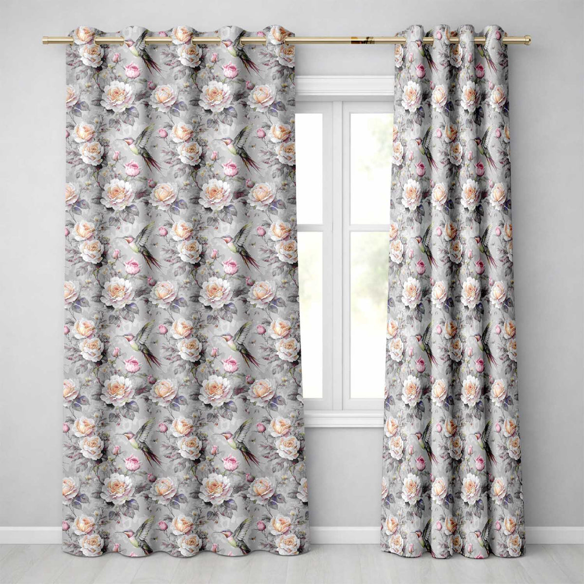 Elegant Hummingbird with Roses Soft Pastel Floral Seamless Pattern  Readymade Eyelet Ring Top Thermal 100% Blackout Curtains