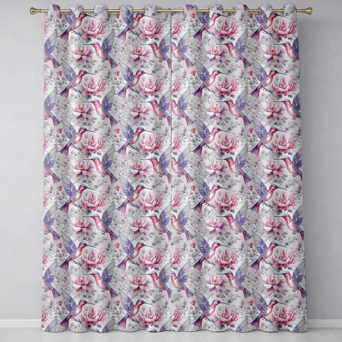 Vintage Style Hummingbird and Floral Garden Seamless Pattern  Readymade Eyelet Ring Top Thermal 100% Blackout Curtains