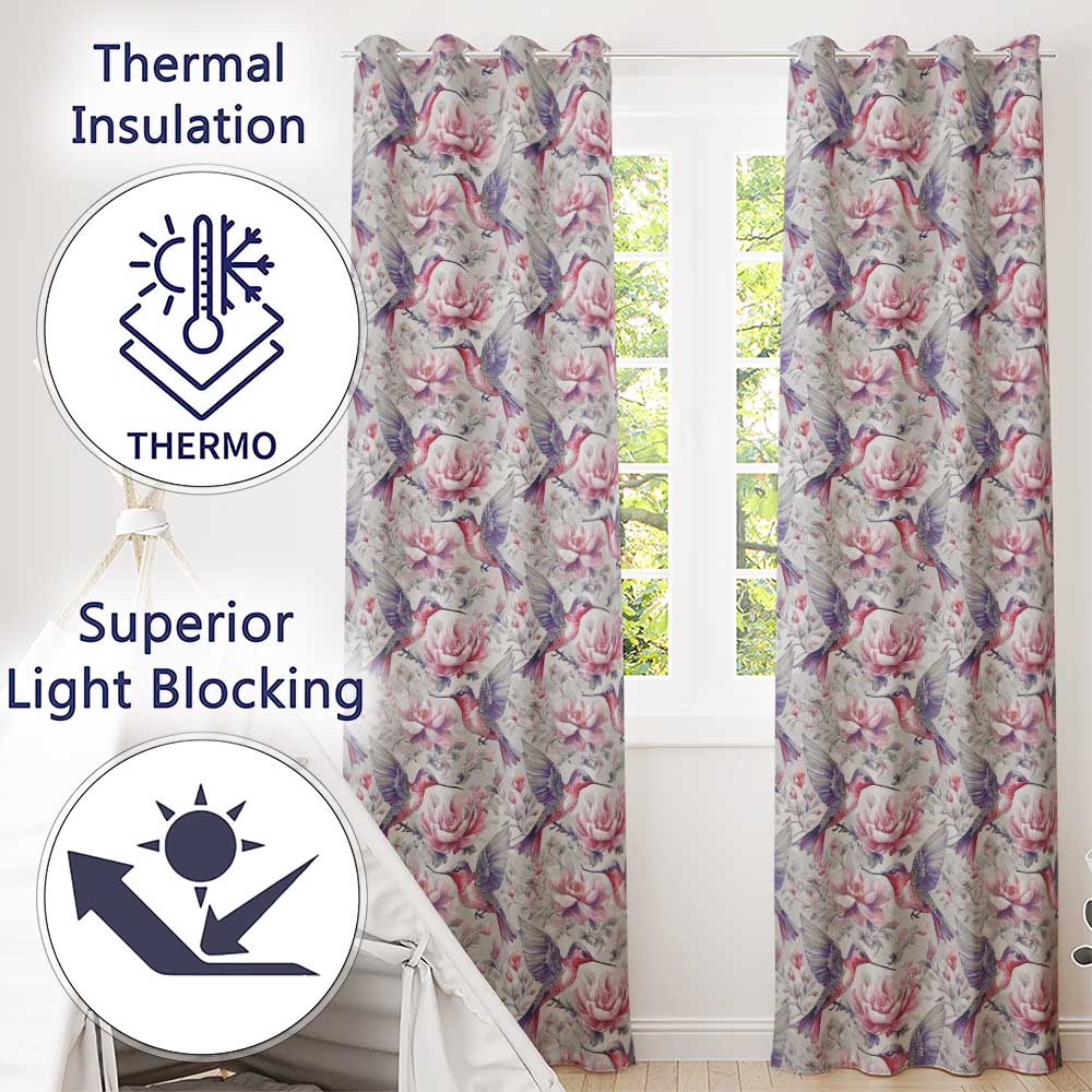 Vintage Style Hummingbird and Floral Garden Seamless Pattern  Readymade Eyelet Ring Top Thermal 100% Blackout Curtains
