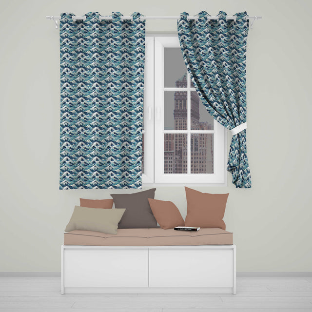 Blue Ocean Waves Japanese Inspired Seamless Pattern  Readymade Eyelet Ring Top Thermal 100% Blackout Curtains
