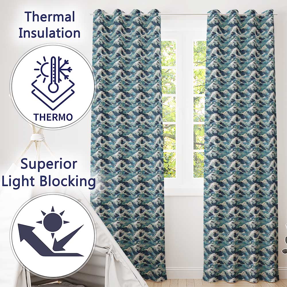 Blue Ocean Waves Japanese Inspired Seamless Pattern  Readymade Eyelet Ring Top Thermal 100% Blackout Curtains