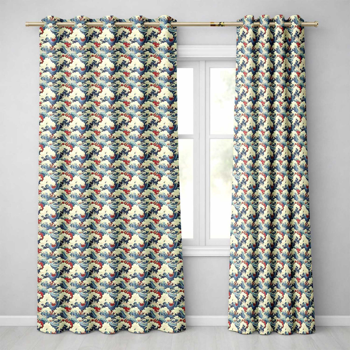 Detailed Japanese Wave Pattern with Bold Contrast Seamless Pattern  Readymade Eyelet Ring Top Thermal 100% Blackout Curtains