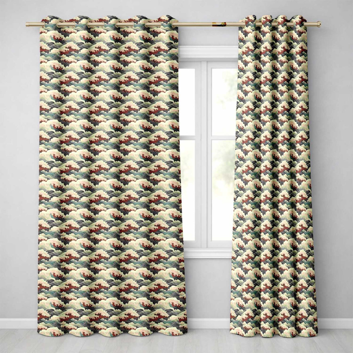 Dark Navy and Cream Japanese Waves Seamless Pattern  Readymade Eyelet Ring Top Thermal 100% Blackout Curtains