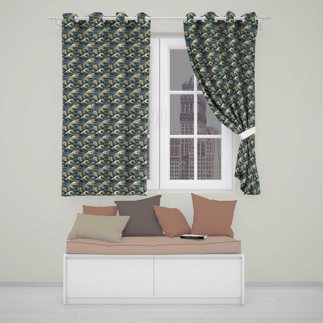 Elegant Gold and Deep Blue Waves Seamless Pattern  Readymade Eyelet Ring Top Thermal 100% Blackout Curtains