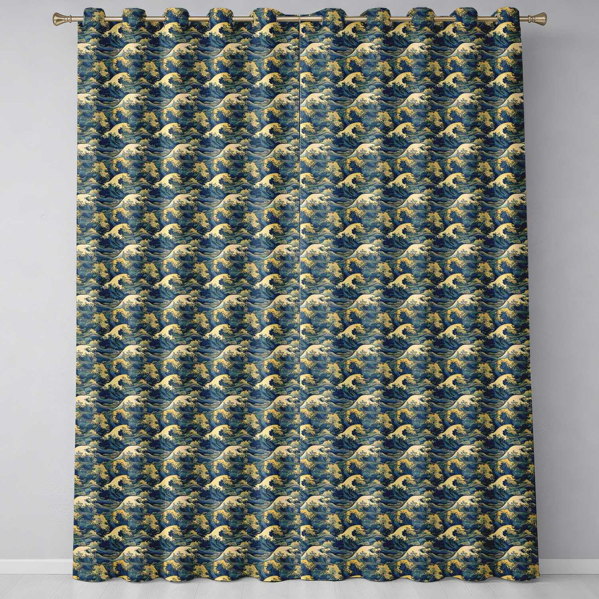 Elegant Gold and Deep Blue Waves Seamless Pattern  Readymade Eyelet Ring Top Thermal 100% Blackout Curtains