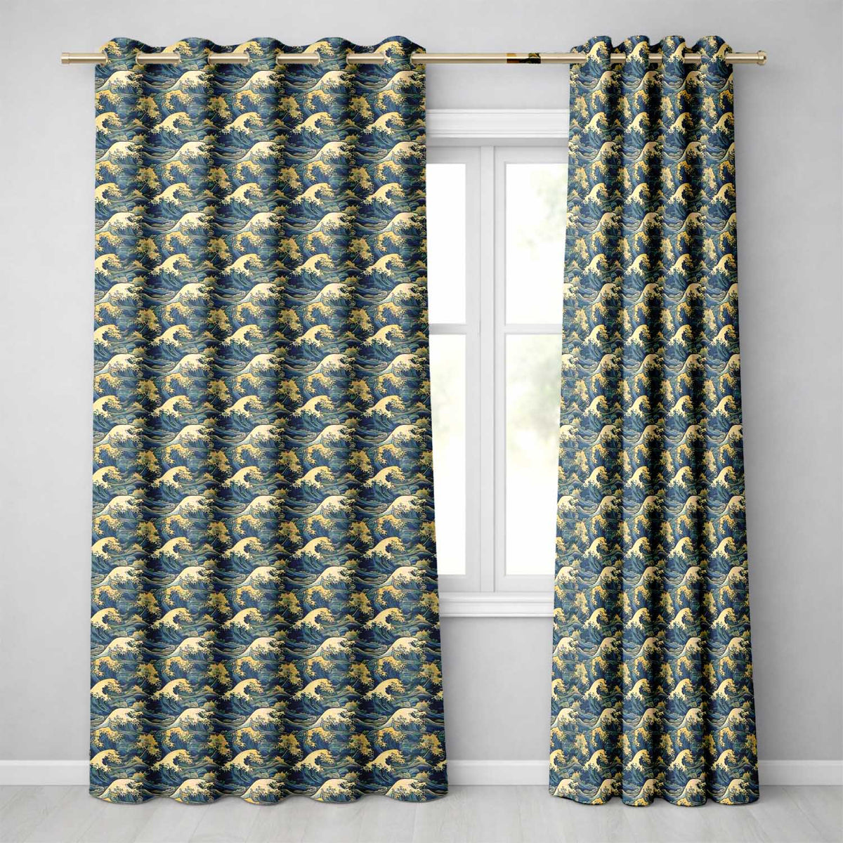 Elegant Gold and Deep Blue Waves Seamless Pattern  Readymade Eyelet Ring Top Thermal 100% Blackout Curtains