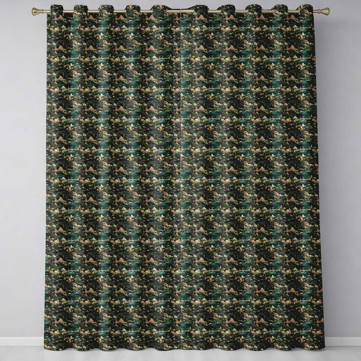 Lush River Valley Town Scenic Seamless Pattern  Readymade Eyelet Ring Top Thermal 100% Blackout Curtains