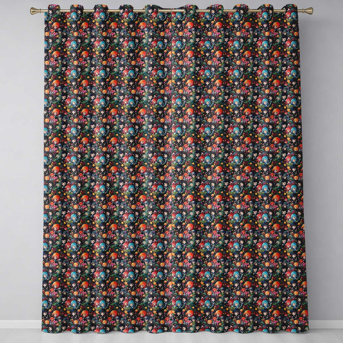 Colorful Anime Girls with Floral Garden Seamless Pattern  Readymade Eyelet Ring Top Thermal 100% Blackout Curtains