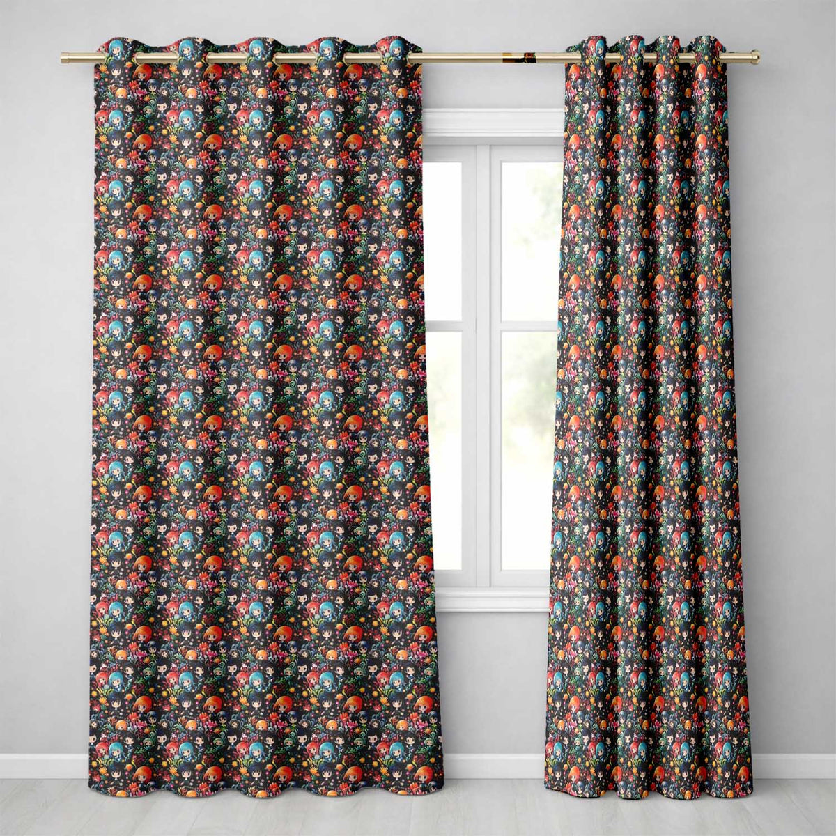 Colorful Anime Girls with Floral Garden Seamless Pattern  Readymade Eyelet Ring Top Thermal 100% Blackout Curtains