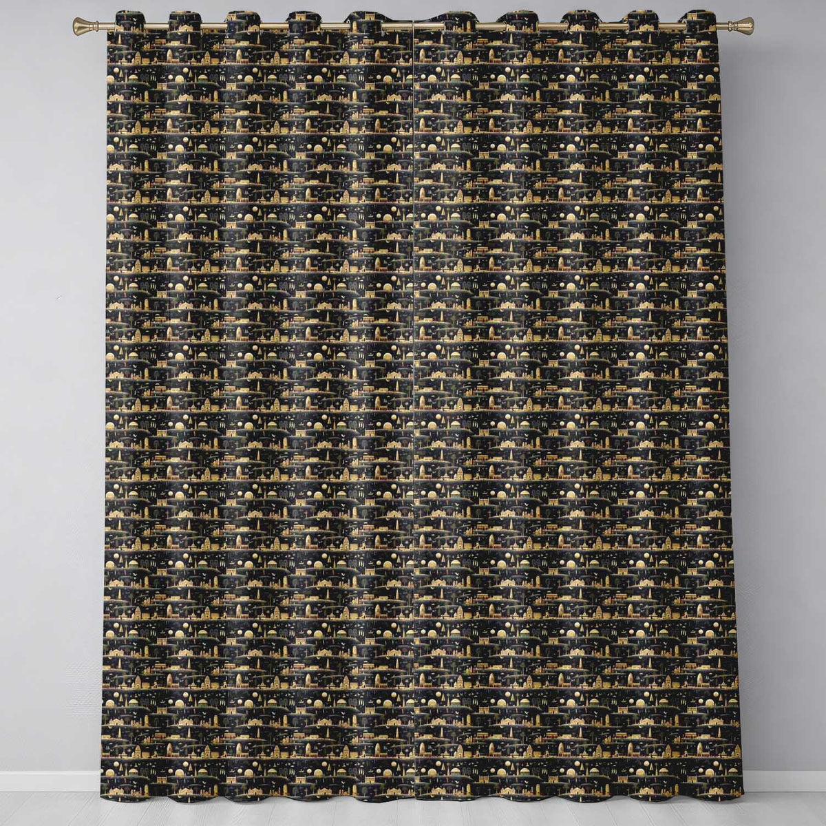 Night City Skyline Illustration Gold Detail Seamless Pattern Art  Readymade Eyelet Ring Top Thermal 100% Blackout Curtains