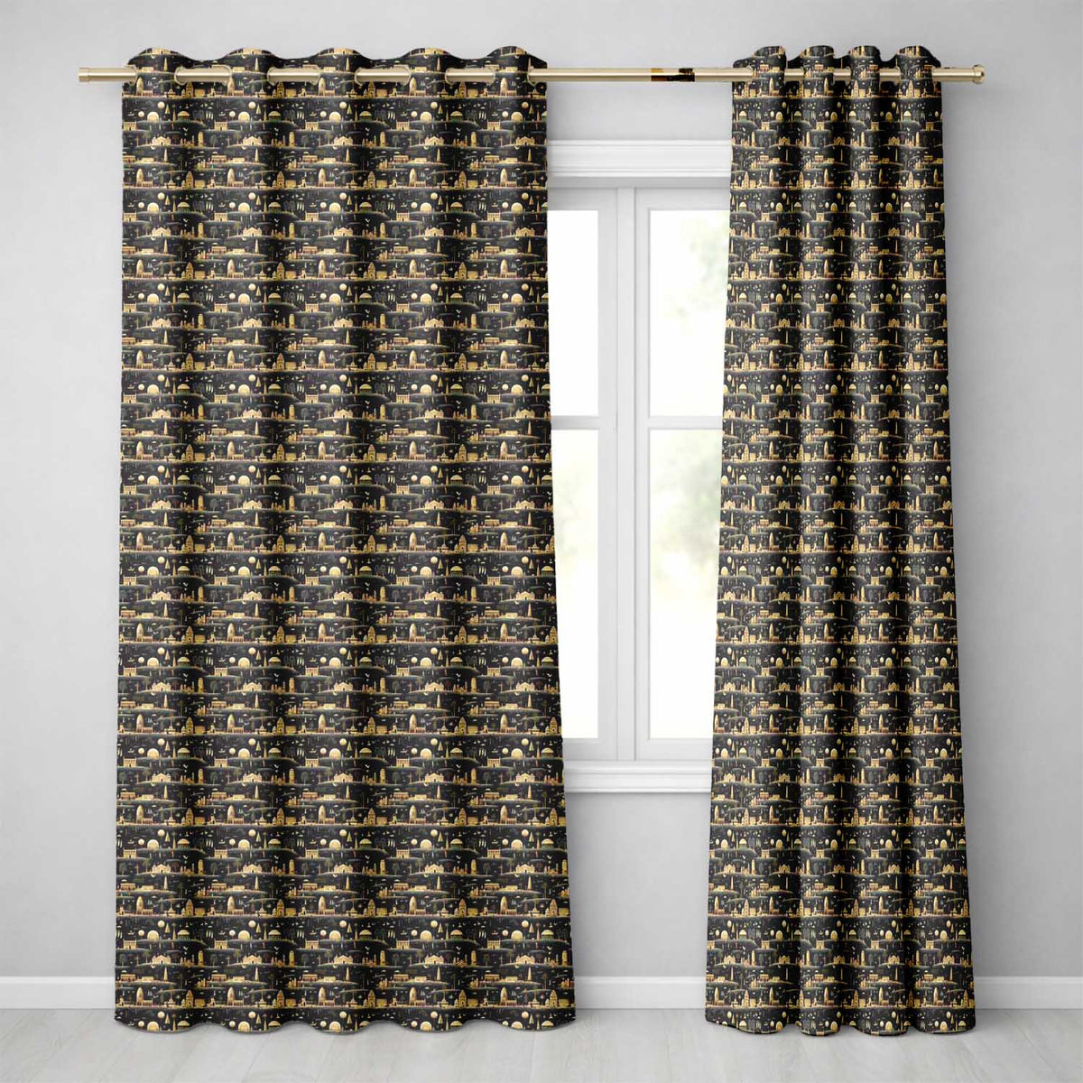 Night City Skyline Illustration Gold Detail Seamless Pattern Art  Readymade Eyelet Ring Top Thermal 100% Blackout Curtains