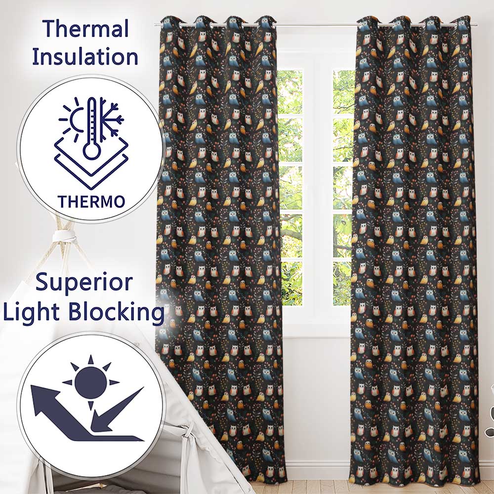 Cute Owl Birds Decorative Leaves Seamless Pattern  Readymade Eyelet Ring Top Thermal 100% Blackout Curtains