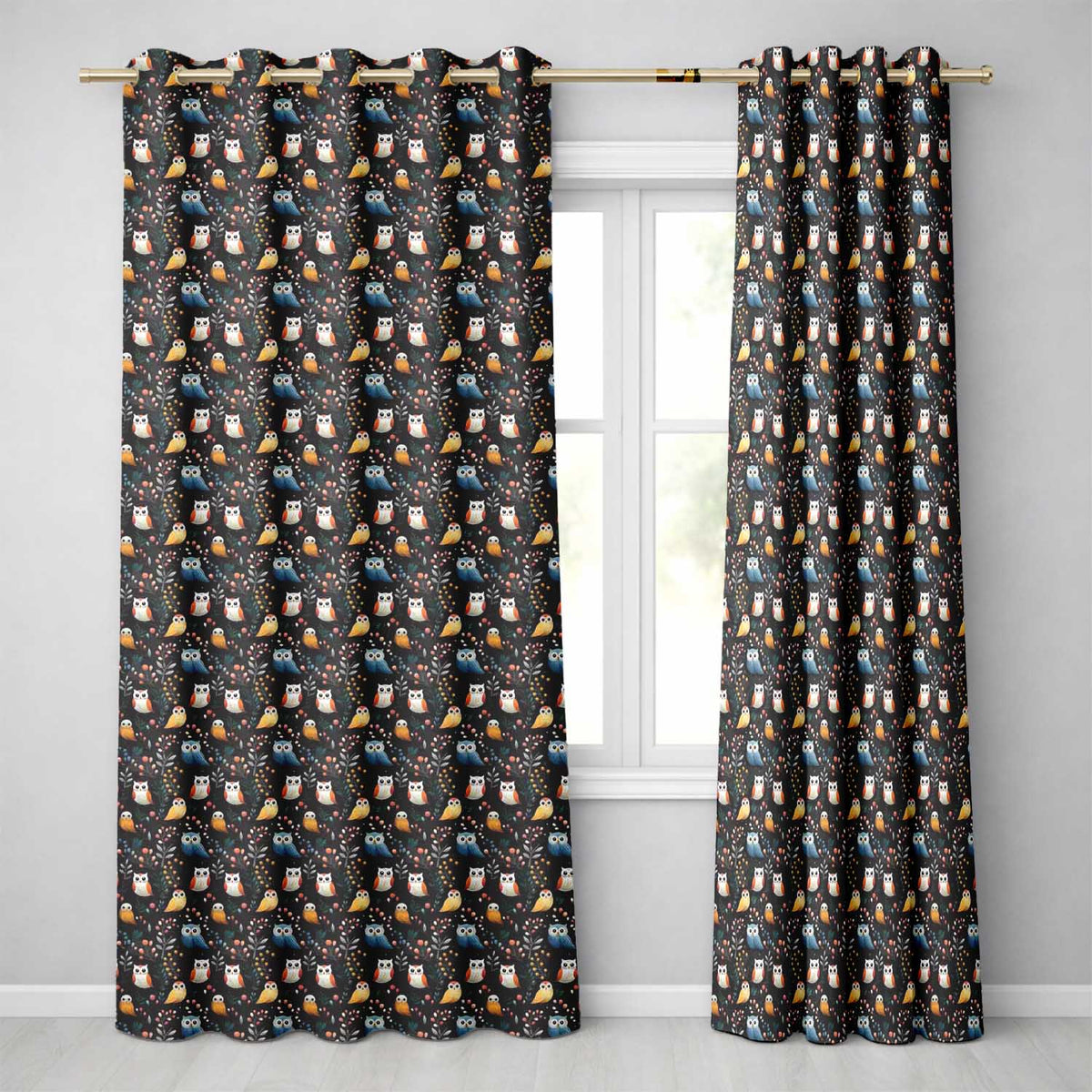 Cute Owl Birds Decorative Leaves Seamless Pattern  Readymade Eyelet Ring Top Thermal 100% Blackout Curtains
