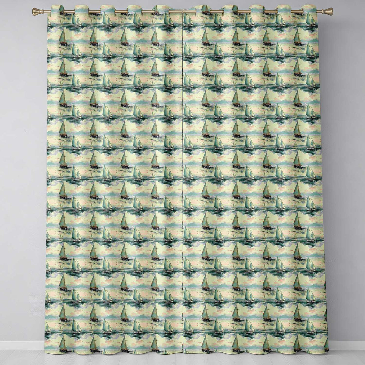 Classic Sailboats Sea Painting Style Seamless Pattern  Readymade Eyelet Ring Top Thermal 100% Blackout Curtains