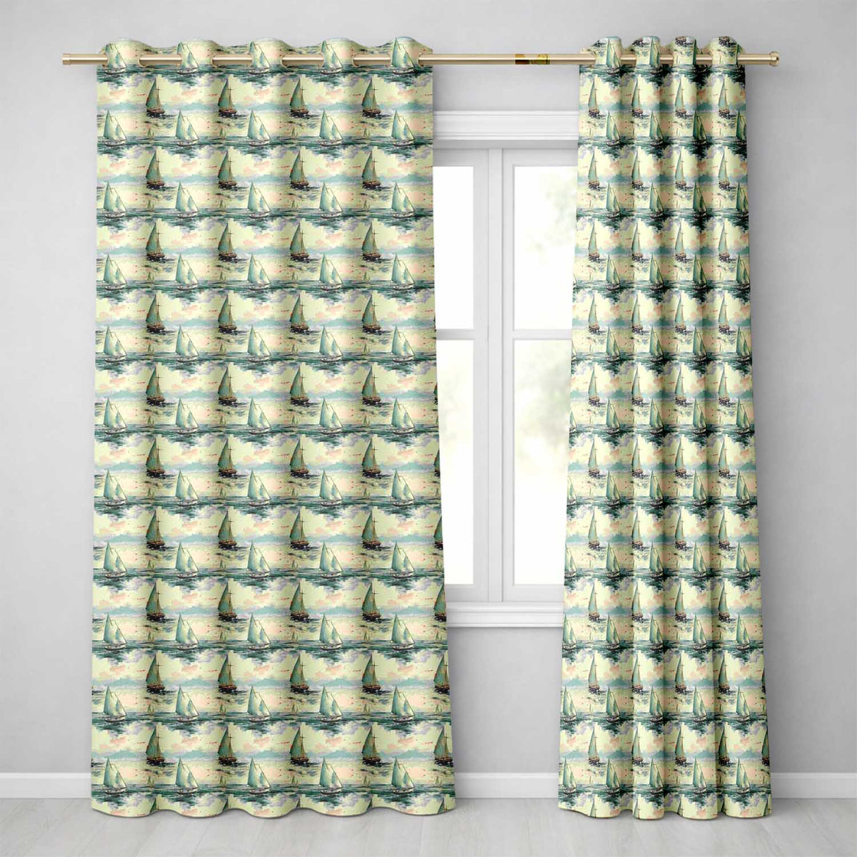 Classic Sailboats Sea Painting Style Seamless Pattern  Readymade Eyelet Ring Top Thermal 100% Blackout Curtains
