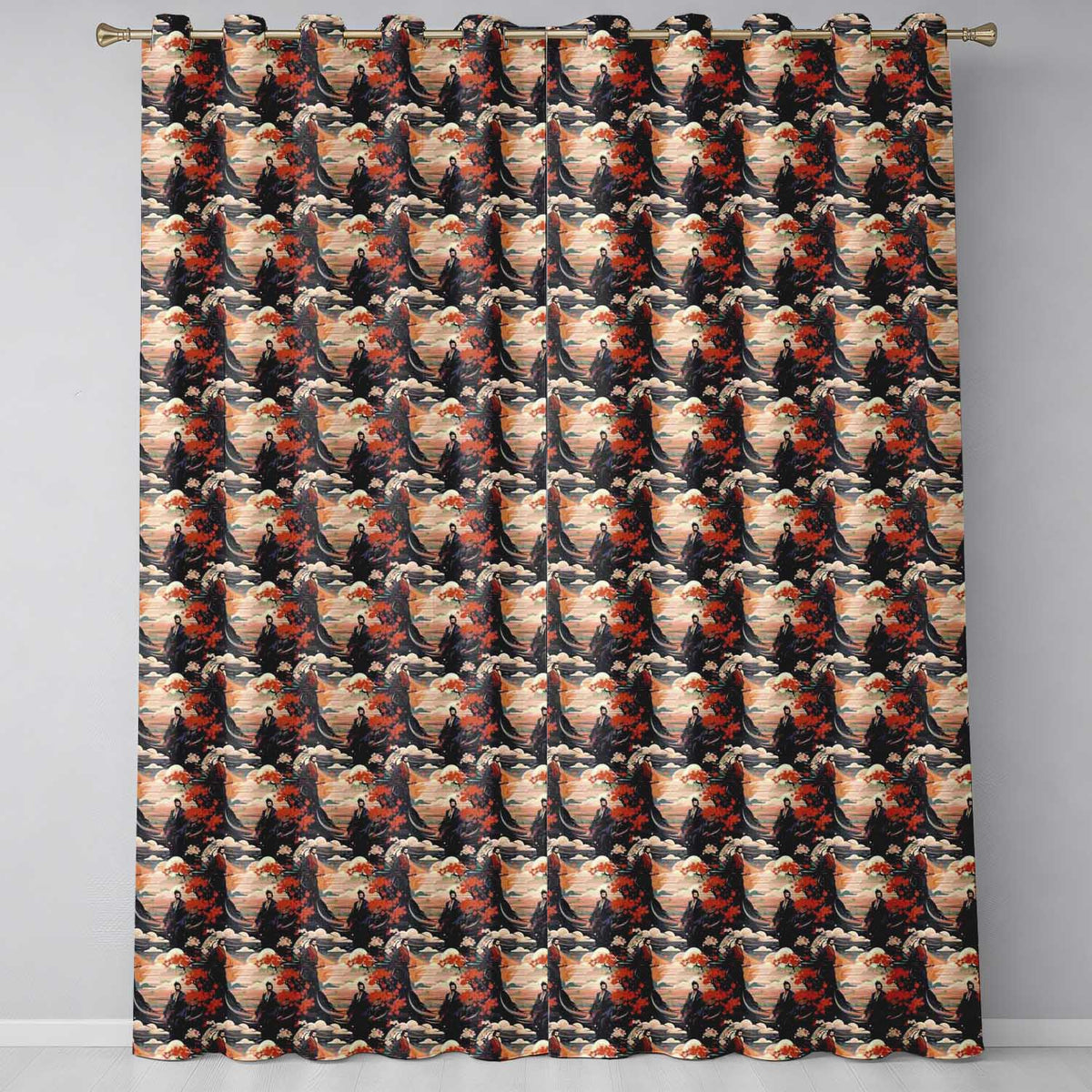 Japanese Samurai Autumn Landscape Seamless Pattern  Readymade Eyelet Ring Top Thermal 100% Blackout Curtains