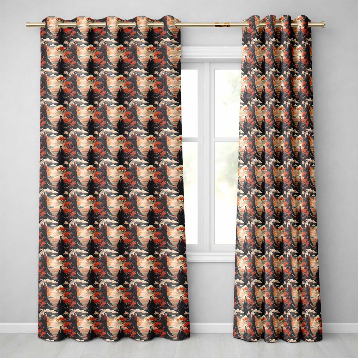 Japanese Samurai Autumn Landscape Seamless Pattern  Readymade Eyelet Ring Top Thermal 100% Blackout Curtains
